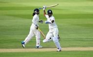 HIGH WYCOMBE, ENGLAND - AUGUST 16: Shikha Pandey of India celebrates as she and Mithali Raj lead India to victory during Day Four of the Womens Test match between England and India at Wormsley Cricket Ground on August 16, 2014 in High Wycombe, England. (Photo by Christopher Lee/Getty Images)